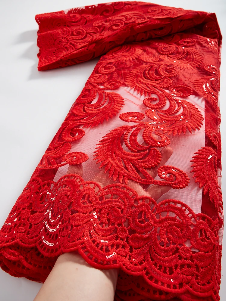 African Lace Fabric High Quality Lace Sequins Embroidery Tulle Lace Fabric Red Milk Silk French Net Lace Fabric 2.5 Yard TY2340