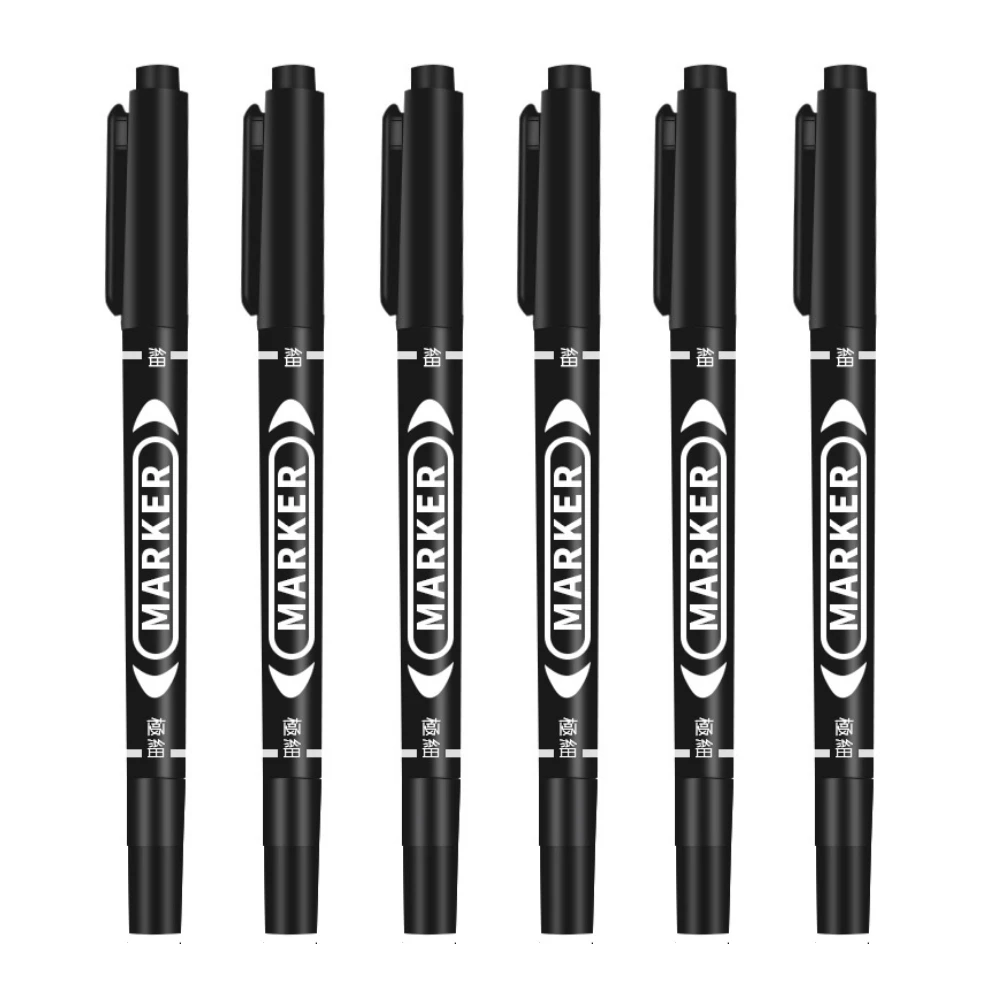 6 Pcs/Set Wholesale Twin Tip Permanent Marker Pen Fine Point Waterproof Ink Thin Nib Crude Nib Black Ink 0.5mm-1mm Fine Color