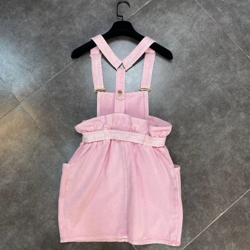 

Women Sweet Pink Denim Straps Dress Summer Streetwear Casual Sleeveless Bud Dress Fashion Sashes Big Pockets Cargo Dress Female