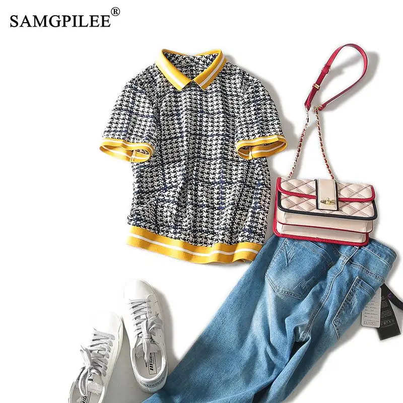 

Top Summer Female Women Fashion T-shirts 2022 Casual Chiffon T-shirt Brand Women Short Sleeve Plaid New tshirt Women