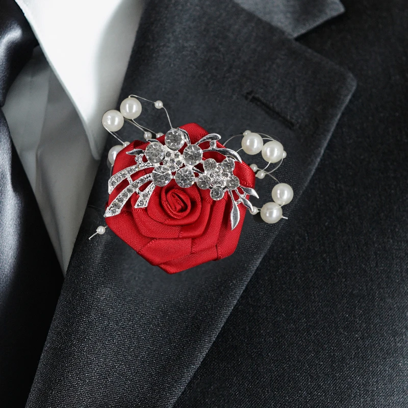 

Groom Buttonhole Boutonnieres For Wedding Men Silver Diamond Corsage Pins Beaded Brooch Boutonniere Mariage Prom Ceremony XH522