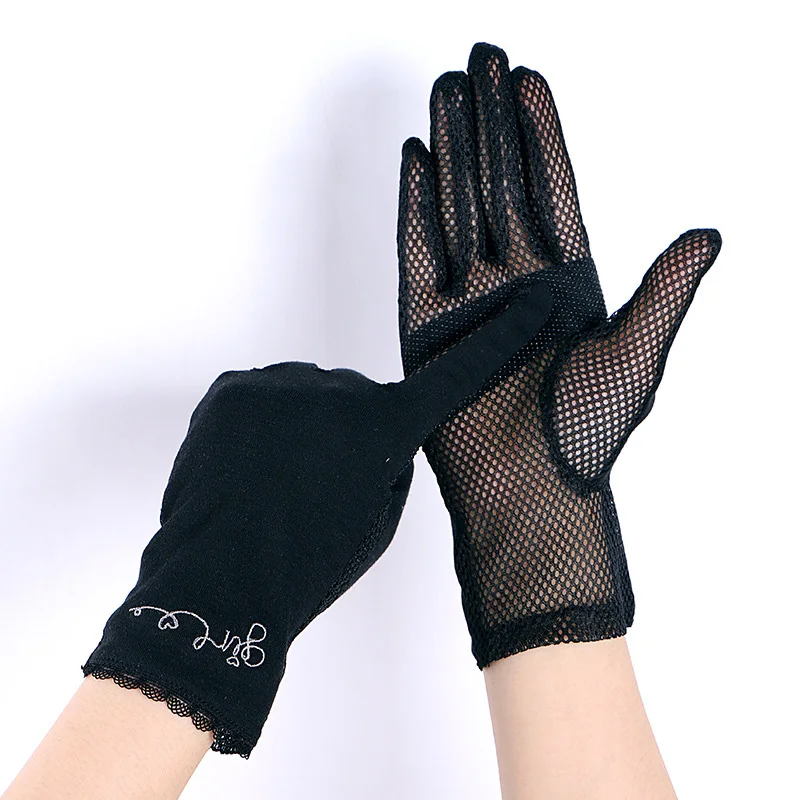 Female Summer UV Sunscreen Short Embroidery Sun Cycling Mittens Women Breathable Palm Mesh Touch Screen Thin Driving Gloves J88