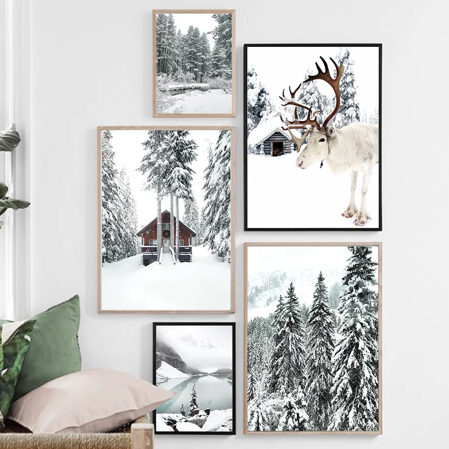 Reindeer Cedar Winter Snow Forest House Canvas Painting Nordic Posters and Prints Wall Art Wall Pictures for Living Room Decor