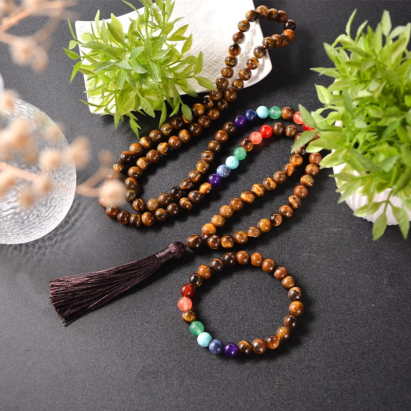 8mm Yellow Tiger Eye 7 Chakra Beaded Necklace Meditation Yoga Blessing Healing Jewelry Bracelet Set 108 Mala Rosary