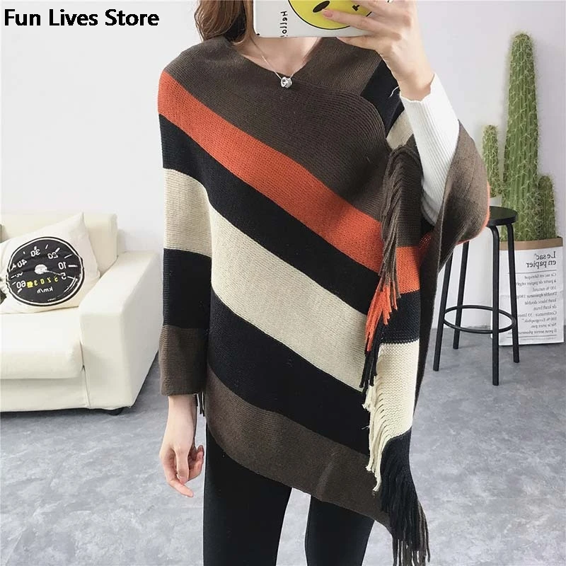 Women Vintage Patchwork Poncho Female Batwing Sleeve Knit Shawl Oversized Ponchos Capes Sweaters Winter Irregular Cloak Cardigan