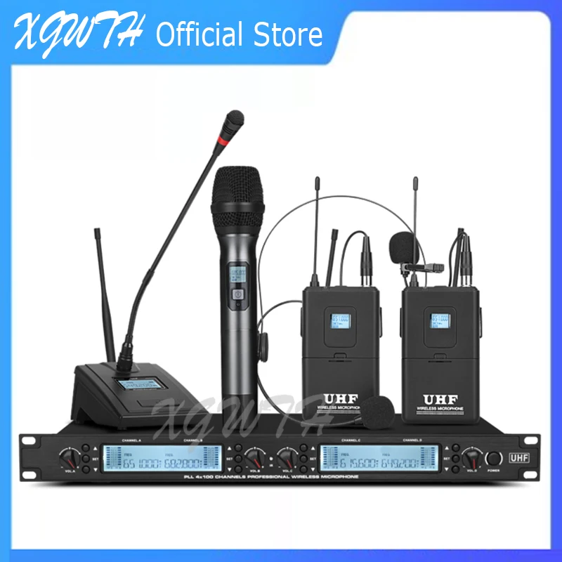 

XGWTH UHF Digital Wireless Microphone System Karaoke Handheld Bodypack Lavalier Lapel Headset Gooseneck Mic 4 Antenna Receiver