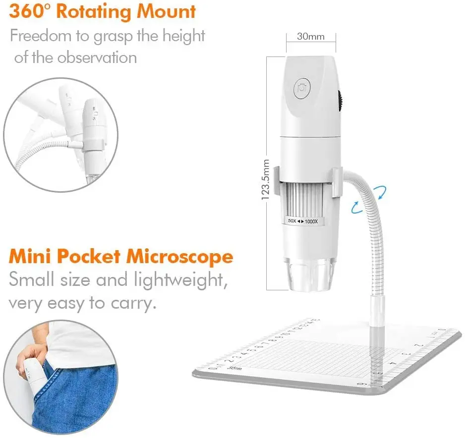 Wireless Digital Microscope Mini Pocket Handheld USB 50-1000x Magnification Camera 1080P FHD 2.0 MP 8 LED WiFi Endoscope Tool