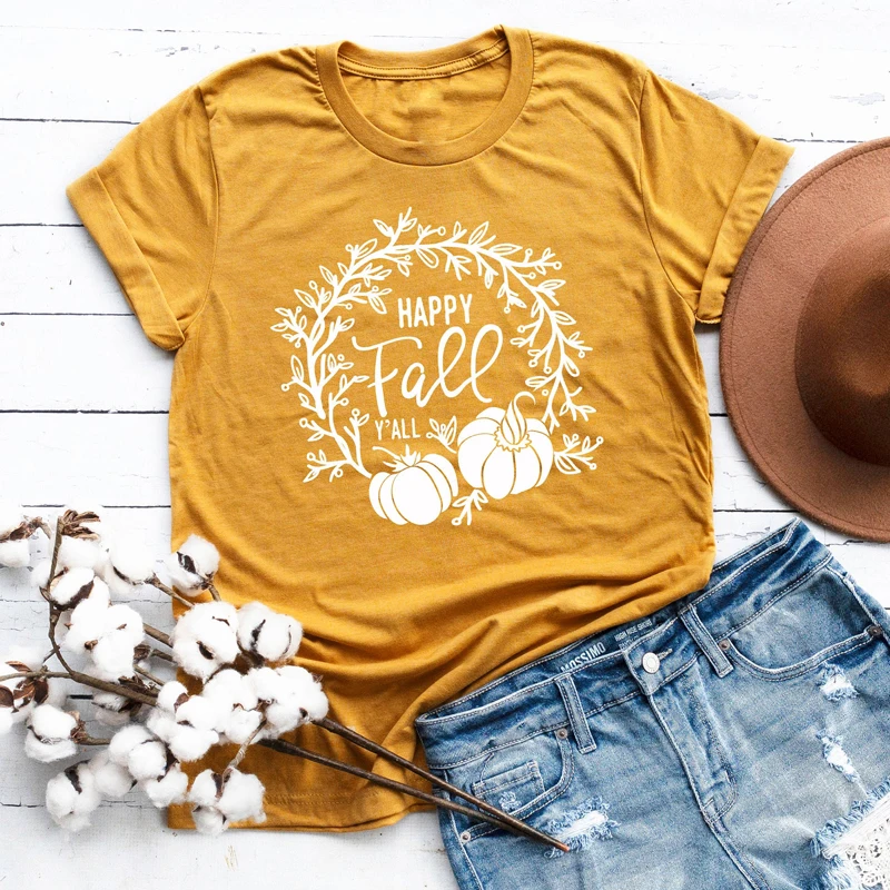 Happy Fall Y'all Pumpkin Print T-shirt Women O-Neck Graphic Cotton Tee Shirt Top Autumn Harvest Thanksgiving Holiday Gift Tshirt