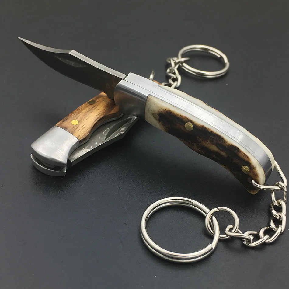 Mini Key Ring Utility Pocket Folding Damascus Steel Knife Customized Wooden Antler Horn Handle