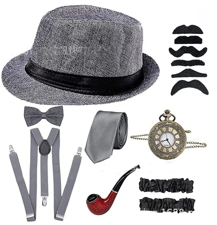 Great Testosterone Sby Cosplay Costume for Men, Gangster Accessrespiration Set, Fedora Newsboy Hat, Bretelles, Brassards, Attached Bowtie, 1920s