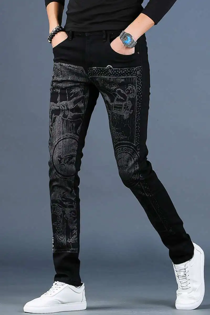 

Free shipping new fashion male Men's printed plus velvet jeans thick casual slim feet pants Korean winter trousers 99% cotton