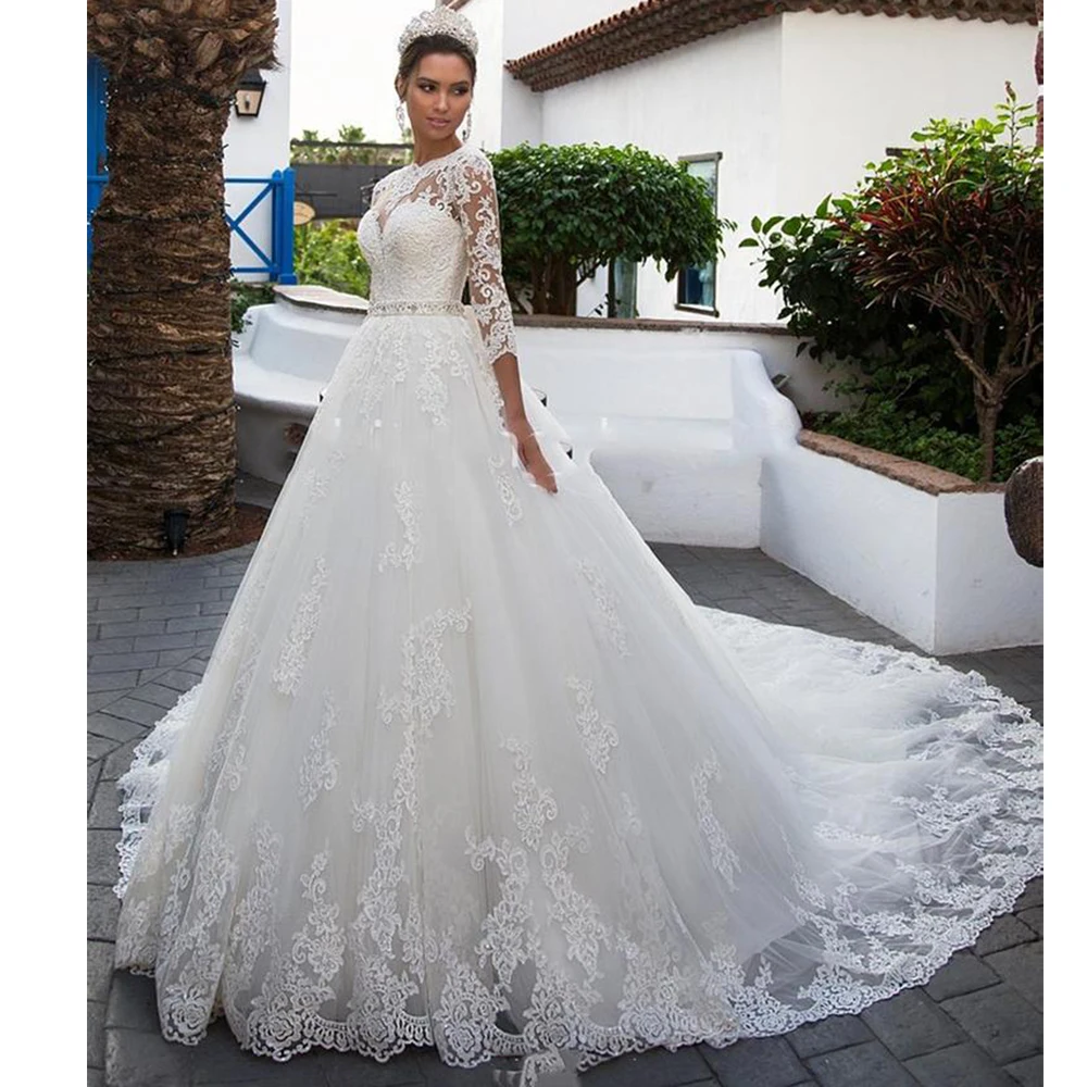 Robe De mariée luxueuse blanche, grande taille, manches 3/4, avec des Appliques au dos à lacets, 2021