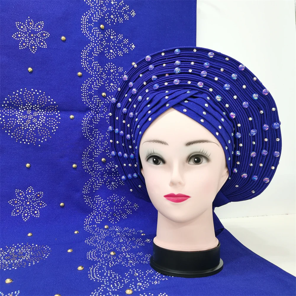 Żółty, afrykański krawat głowy nigeryjczyk Gele Headtie Turban Femme głowa kobiety Wrap haft duży szal dubaj tkaniny wysokiej jakości 2 sztuk