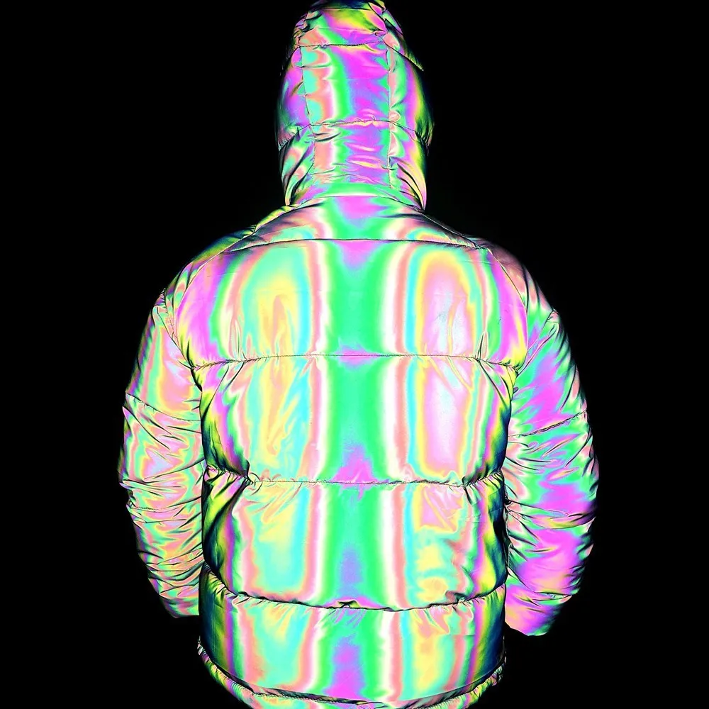 Winter Rainbow Color Reflective Jacket Women\'s Pocket Leaf Reflective Warm Casual Hooded Coat Plus Size Chaqueta De Las Señoras