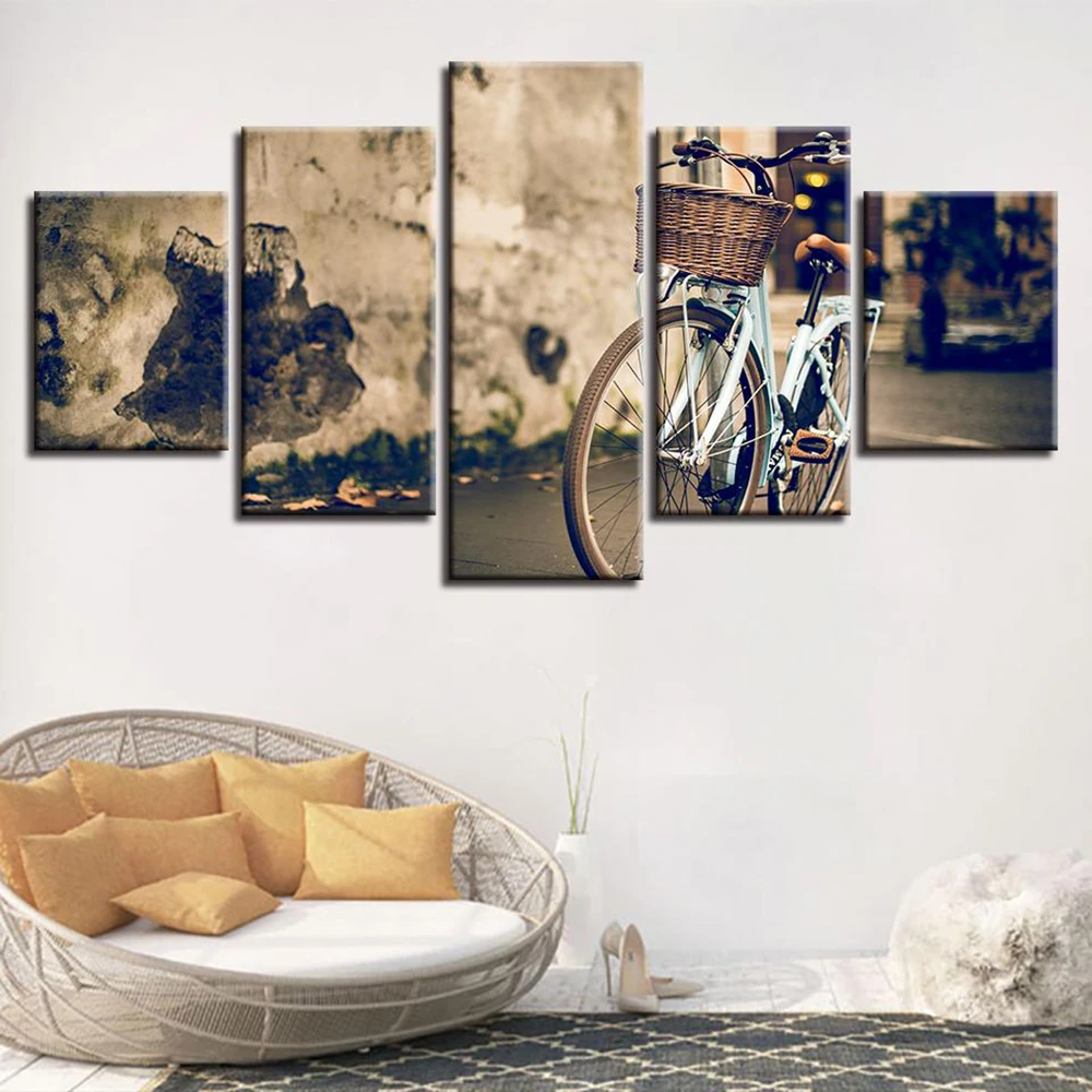 5 Pieces Wall Art Canvas Painting Retro Bike Landscape Poster Modern Living Room Bedroom Home Decoration Pictures Framework