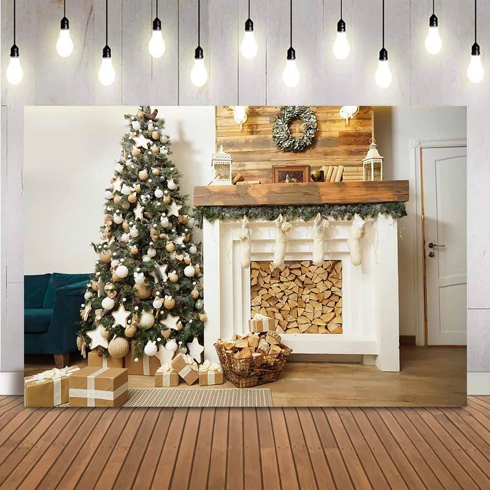 Photography backdrop Christmas tree white fireplace photo booth background studio wood gifts photographic prop photocall