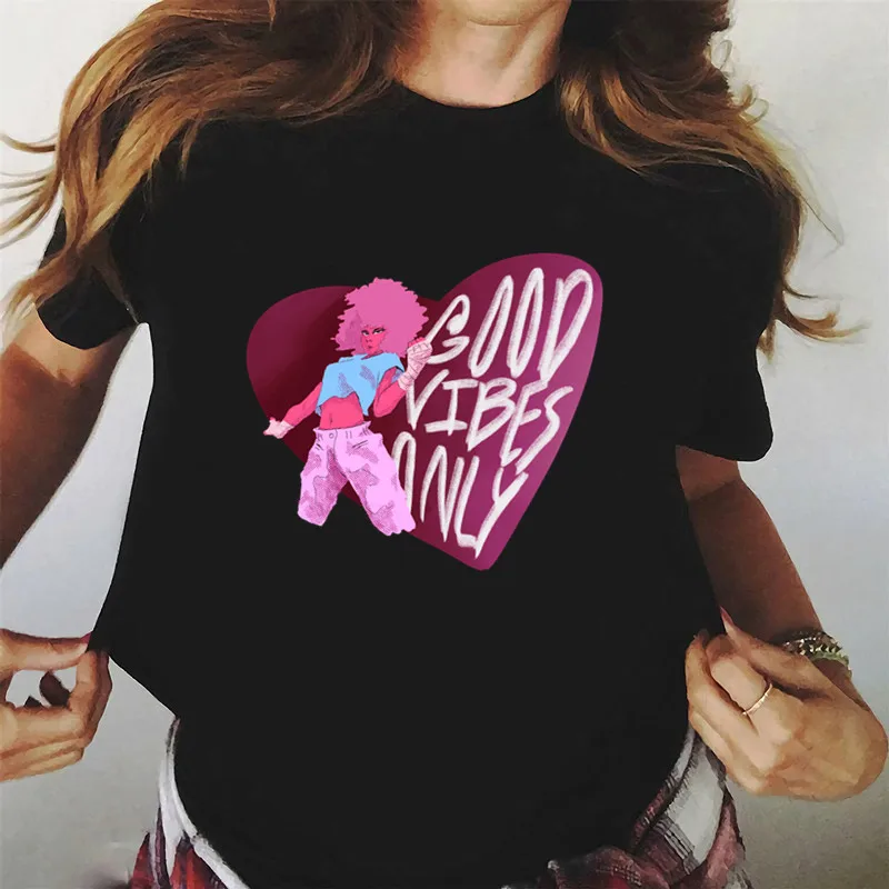 

Футболка Good Vibes Only Girl, женская футболка с коротким рукавом и надписью, женские модные топы, повседневная футболка с графическим принтом, дропшиппинг