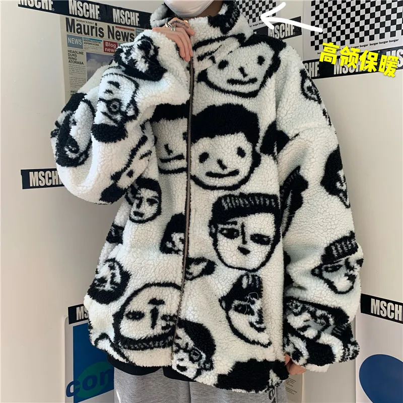 Korean Winter New Harajuku Lazy BF Style Coat Cute Cartoons Printing Full Sleeve Jacket Lambswool Keep Warm Zipper Outerwear