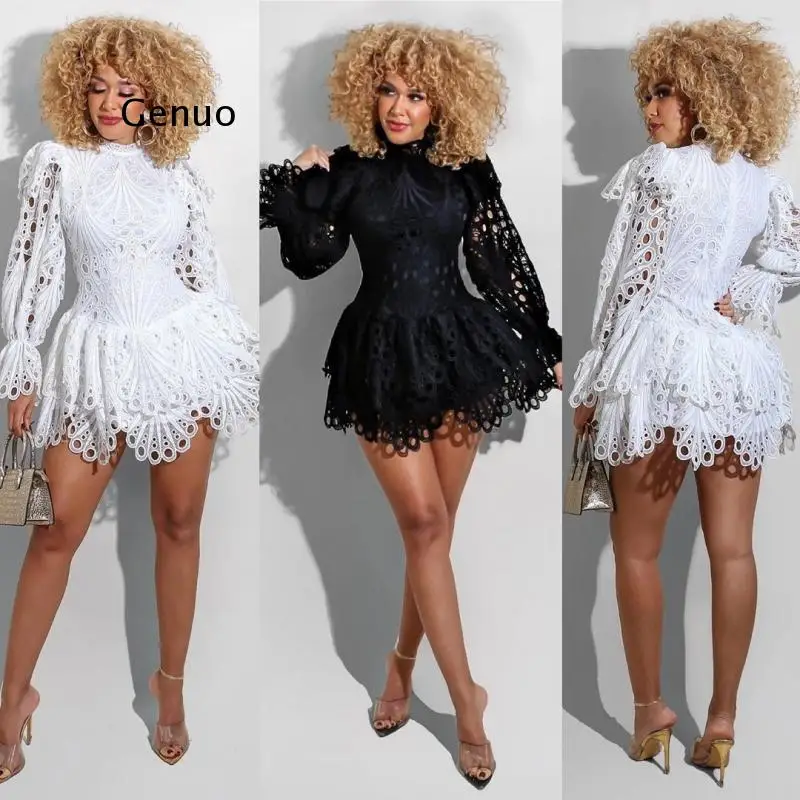 Fashion White Color Sexy Lace Short Dresses for Women 2021 Spring Autumn Ruffle Sleeve Elegant Office Lady Dress Party Vestidos