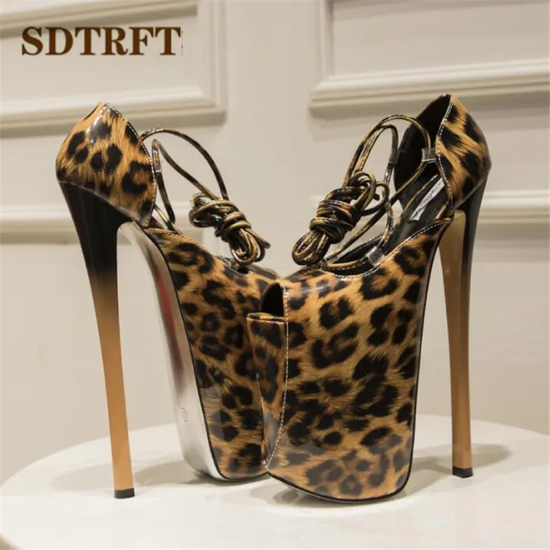 SDTRFT Pumps Ladies Platform Sandals Woman 22cm Thin High Heels Zapatos Mujer Stiletto Crossdresser Lace-Up Leopard Print Shoes