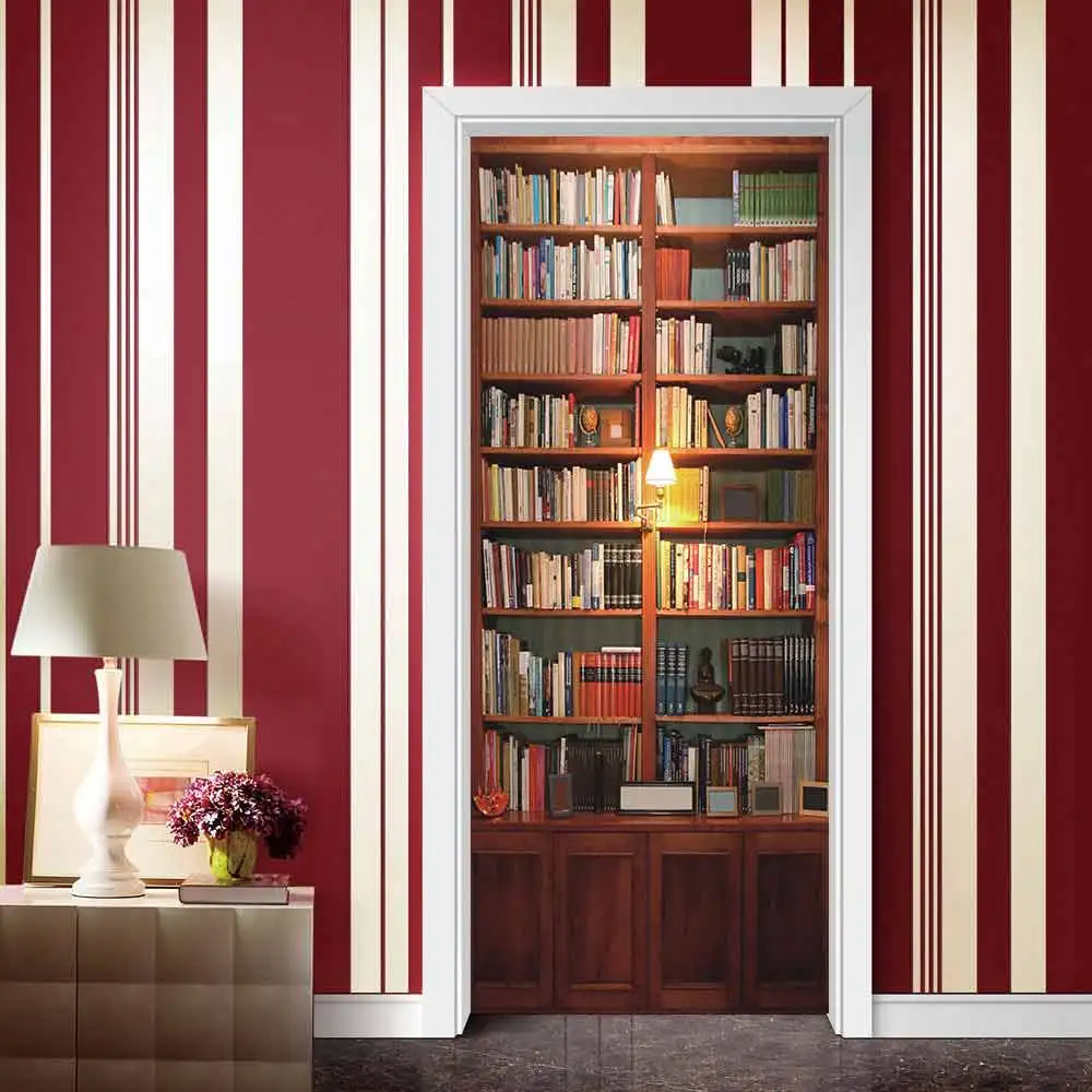 PVC wallpaper Creative retro bookcase 3D three-dimensional self-adhesive refurbished bedroom door sticker wall sticker