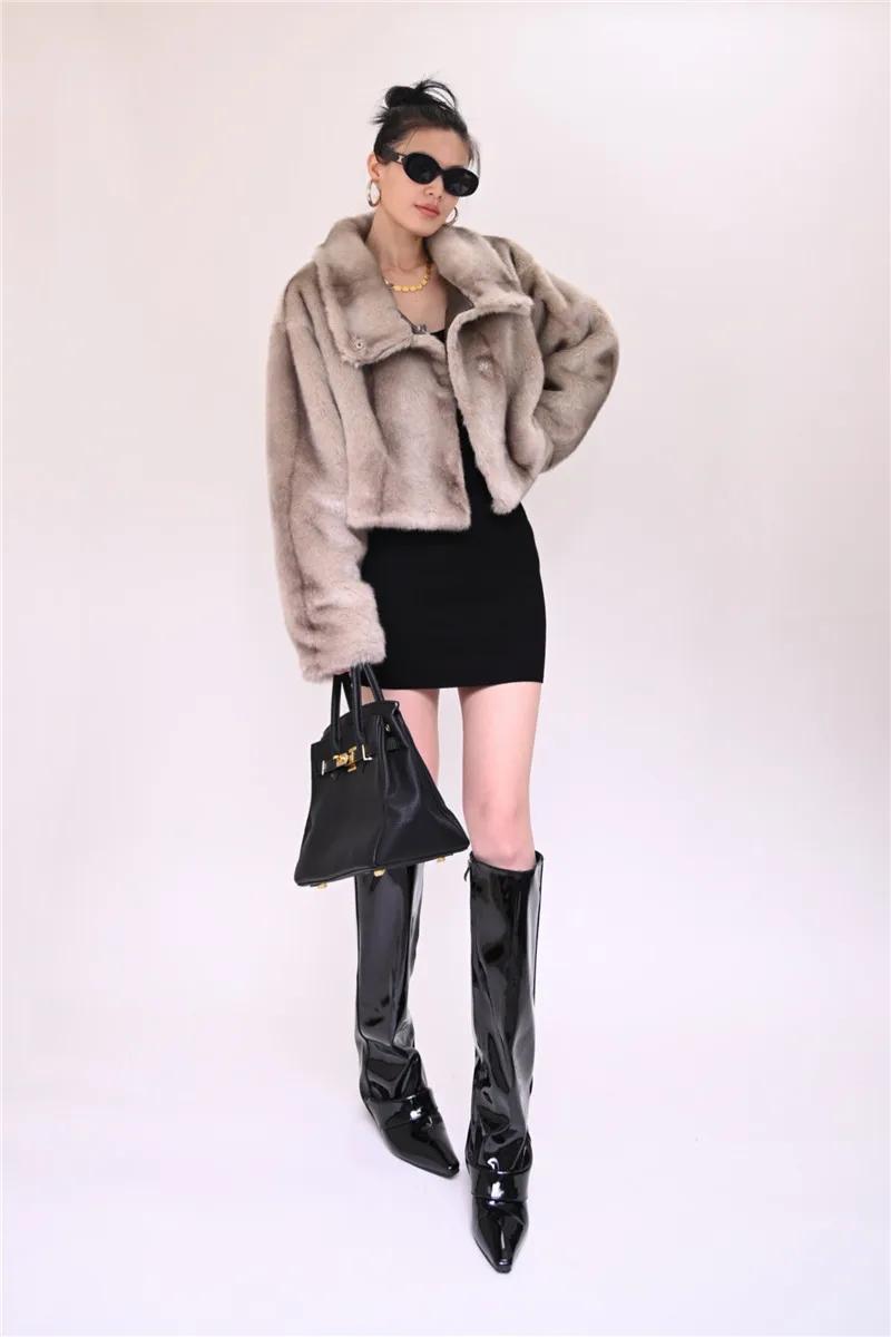 Luxury Faux Mink Fur Coat for Women, Cropped Fluffy Jacket Warm Short Overcoat Korean Winter Coat for Ladies Fake Fur Coat
