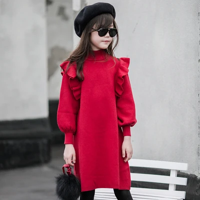 Girls Red Knitted Sweater Dress Korean Style Family Clothes Fall Winter Children Long Knitwear Mother-Child Ruffles Dresses P363