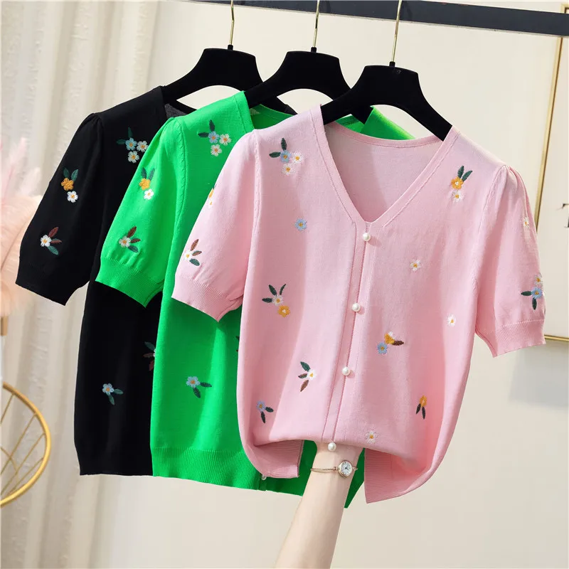 2021 Summer Sweet Flower Knit Sweater Fashion Pearl Beading Flower Thin Knitted Pullover Crop Top Femme V-neck Short Sleeve Top