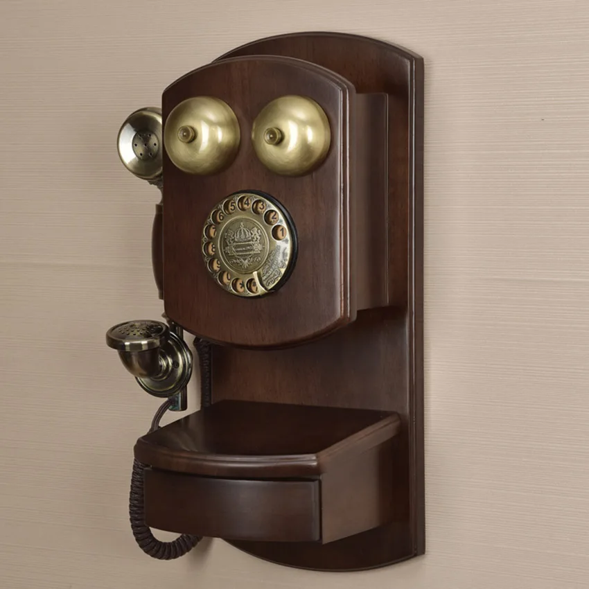 Wall Mounted Vintage Telephone Phone with Drawer,  Button / Rotary Dial, Adjustable Classic Ringtone Volume, Solid Wood for Home