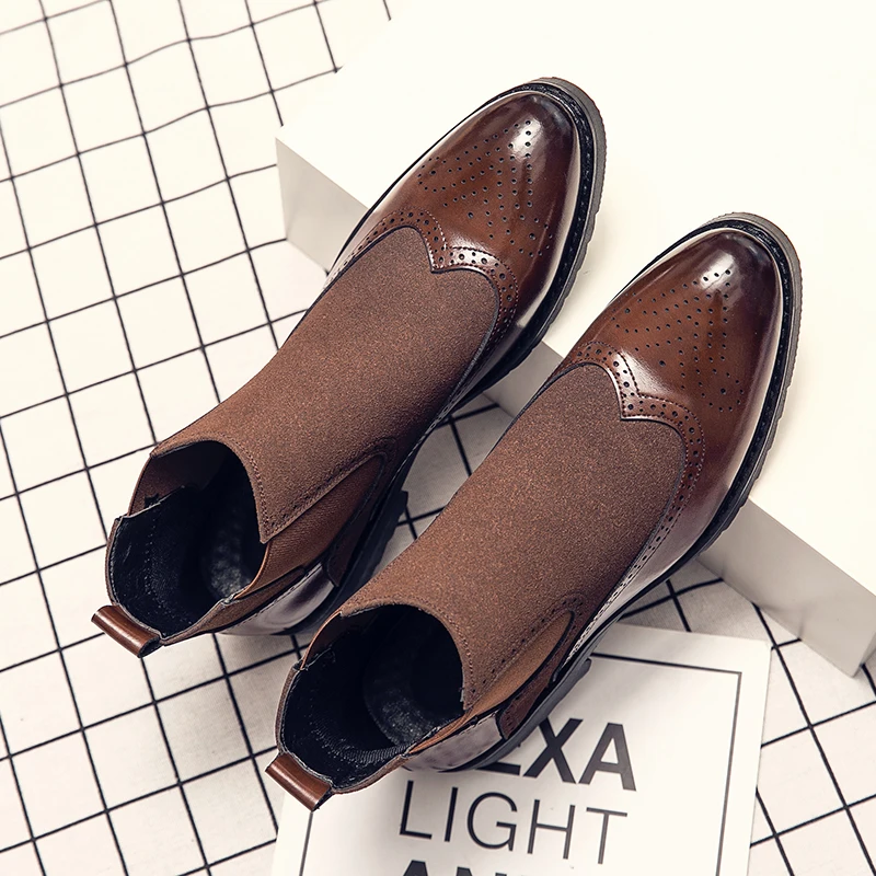 Men Casual Boots Retro Stitching Leather Oxford Brogue Shoes Breathable Autumn Winter Classic Mens Boots Slip On Footwear