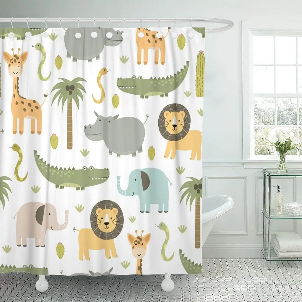 Shower Curtain Wild Animals Cute Hippo Crocodile Lion Elephant and Giraffe Childish Style Polyester Fabric Bathroom Set