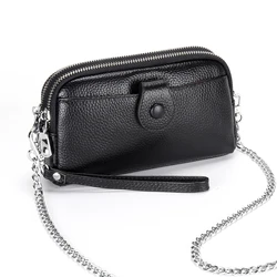 Genuine Leather women Long wallet Ladies Clutch Purses Double Deck Zipper Wrist Bag Female Sling bag chain Phone Crossbody bags