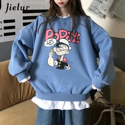 Jielur Popeye Cartoon Fake Two Pieces Sweatshirts Female Loose Printed Hoodies Beige Pullovers Kawaii Lovely Women Clothes M-XL