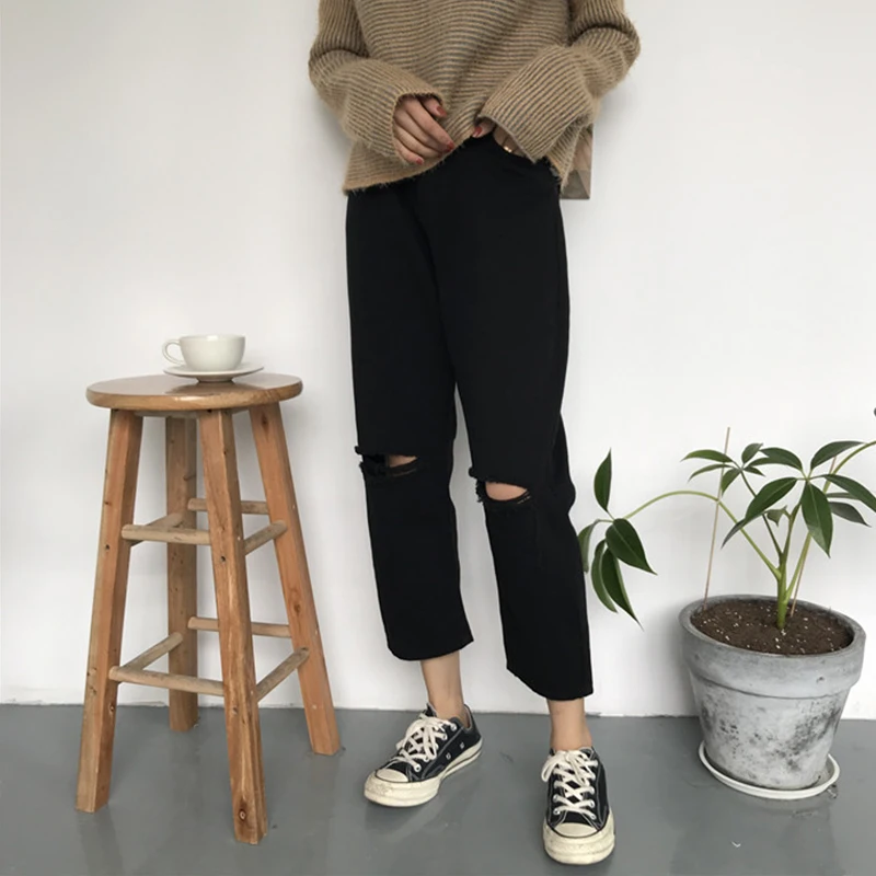Jeans Women Ripped Hole High Waist Zipper Fly Button Straight Ankle-length Womens Trousers Basic Bottoms Black Jean Femme Chic