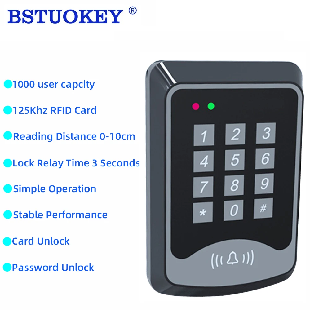 

Door Access Control ID Key Card Kit Capacity 1000 Users Push Type Keypad Doorbell Access Controller with 125khz RFID Card