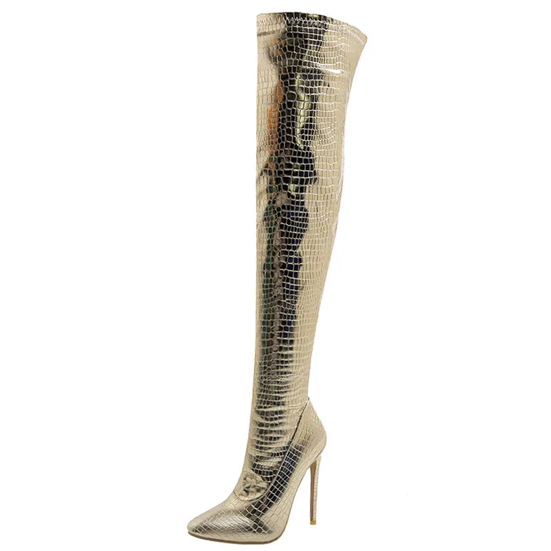 Sgesvier New Plus Size 30-48 Sexy Super High Heel Over The Knee Boots Women Silver Gold Nightclub Party Pole Dance Evening Shoes