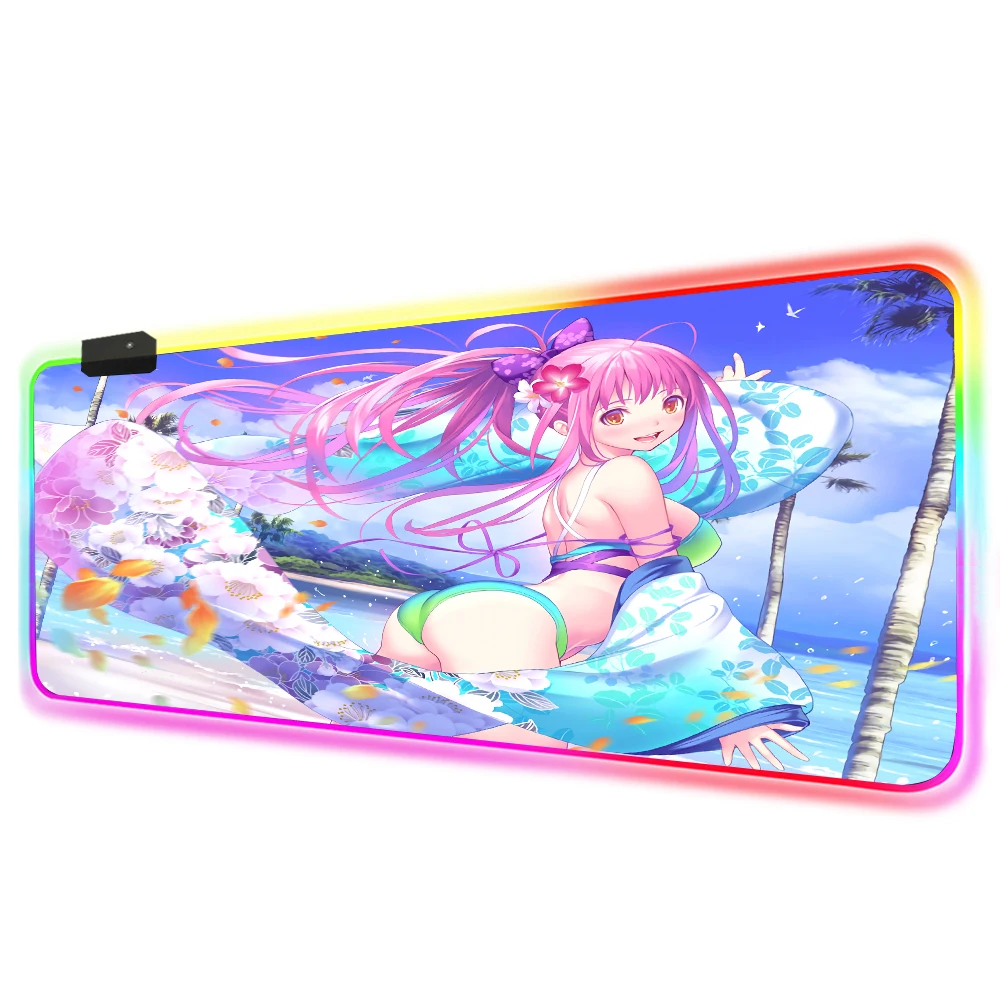 Big Breast Girl Anime Sexy Beach RGB Colorful Gaming Large Mouse Pad Gamer Led Mice Desk Mat with Backlit