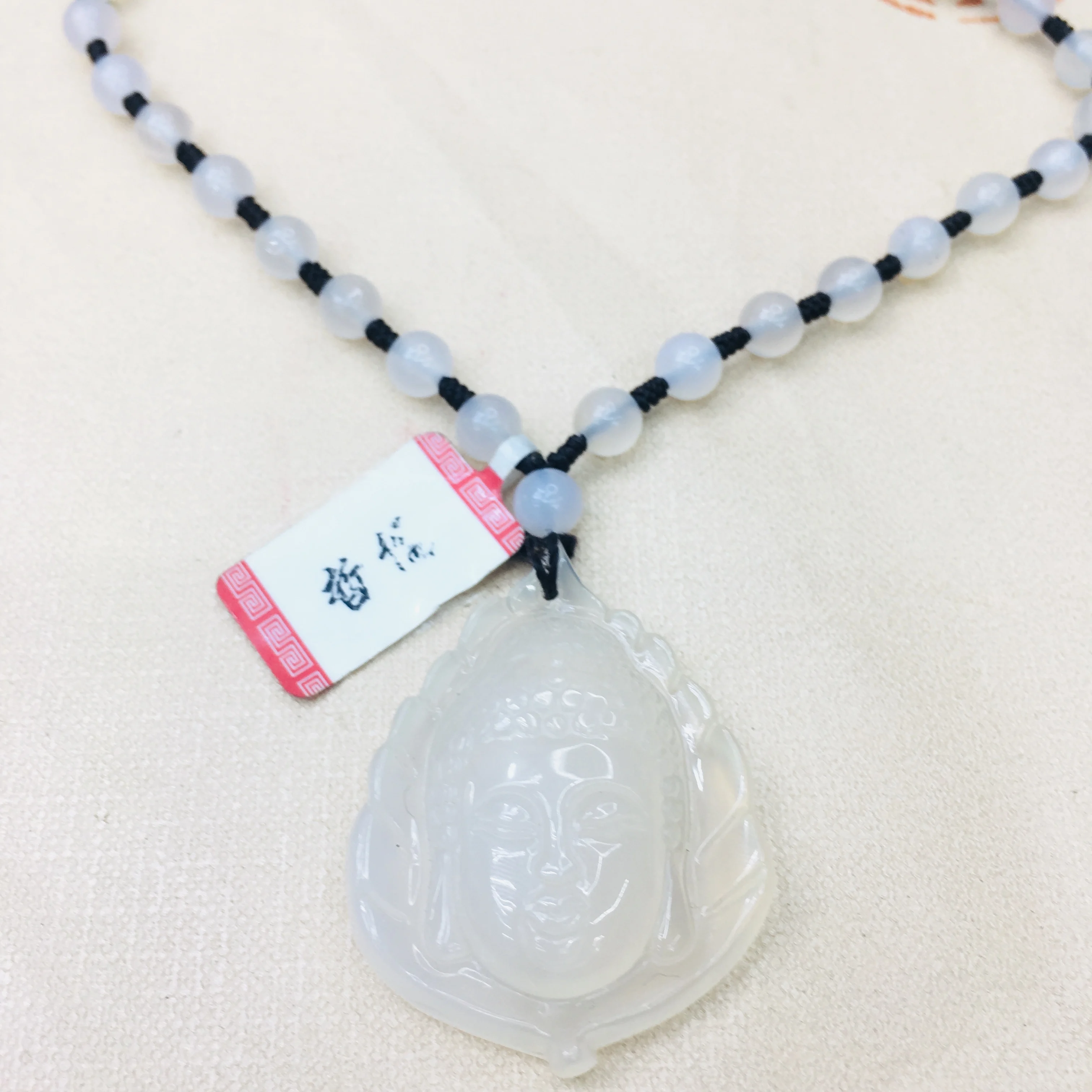 Natural Brazilian ice bottom chalcedony jade carved white leaf Guanyin head pendant with chalcedony bead necklace men and women