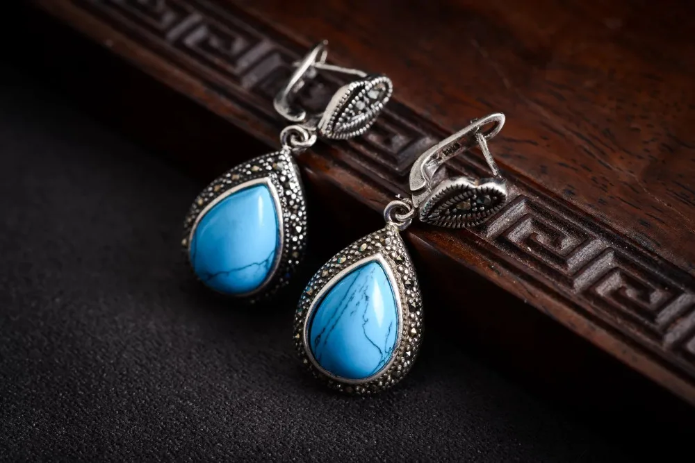 

Natural turquoise 925 sterling silver With Blue jade Ring Earring Lovely Fine Brincos Ohrringe Sterling Silver Jewelry Earring