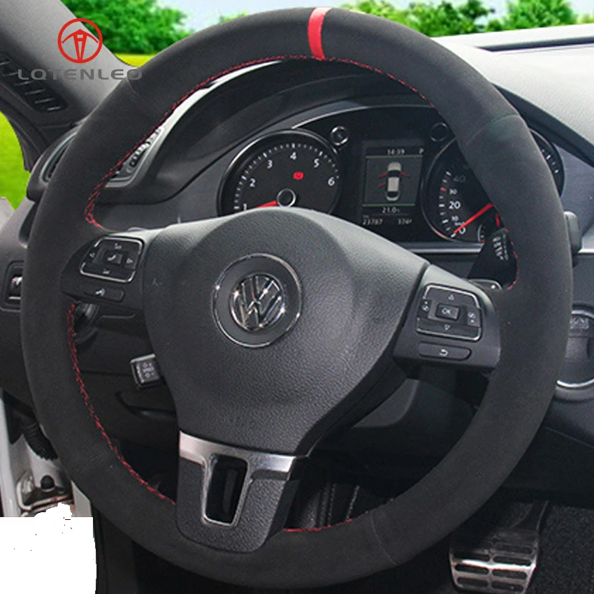 LQTENLEO Hand-stitched Black Suede Car Steering Wheel Cover for Volkswagen VW Gol Tiguan Passat B7 Passat CC Touran Jetta MK Mk6