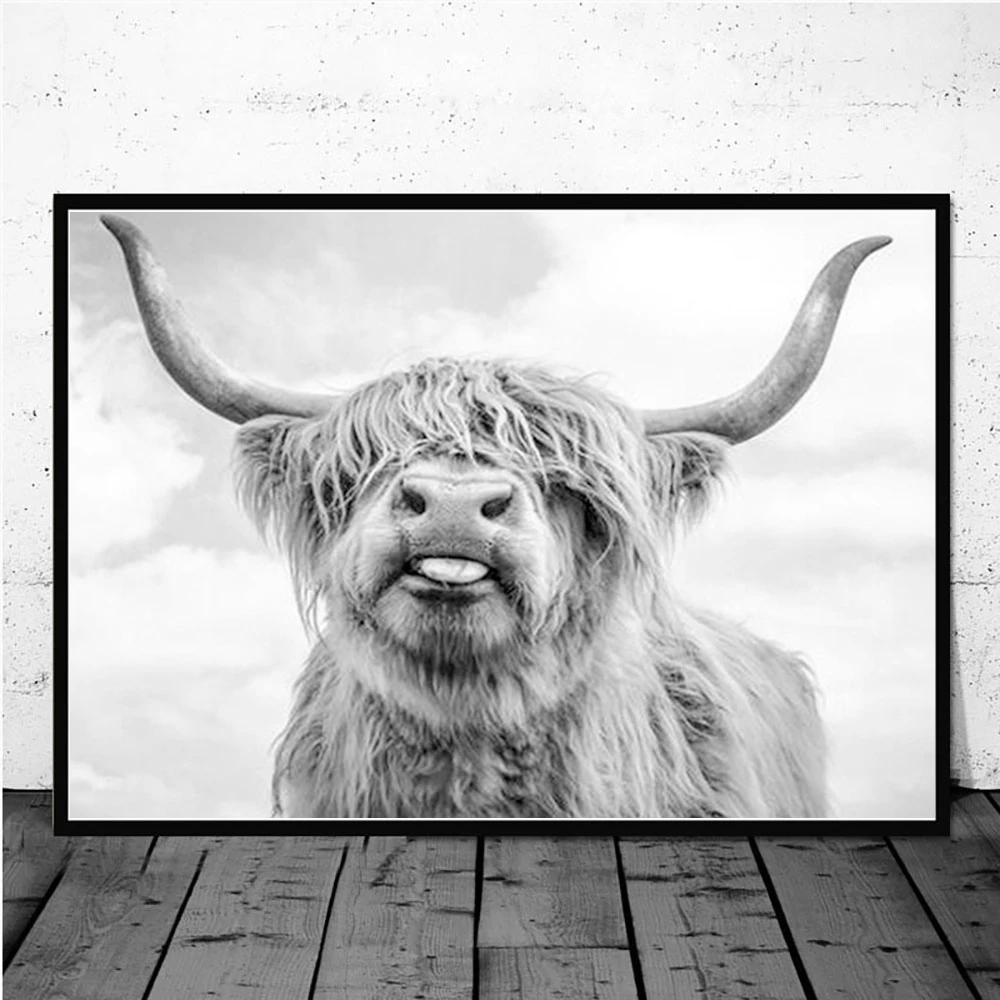 3 Piece Set Nordic Style Highland Cow Black White Animals Canvas Wall Art Poster Home Decor Picture for Living Room