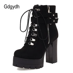 Gdgydh Belt Buckle Ankle Boots High Platform Heels Shoes Cross Tied Office Lady Autumn Boots Street Style Fashion Zip Plus Size