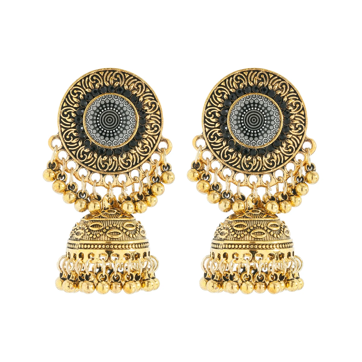 Classic Ethnic Red Flower Jhumka Earrings For Women Vintage Boho Indian Jewelry Gold Color Bell Tassel Dangle Earrings view 6