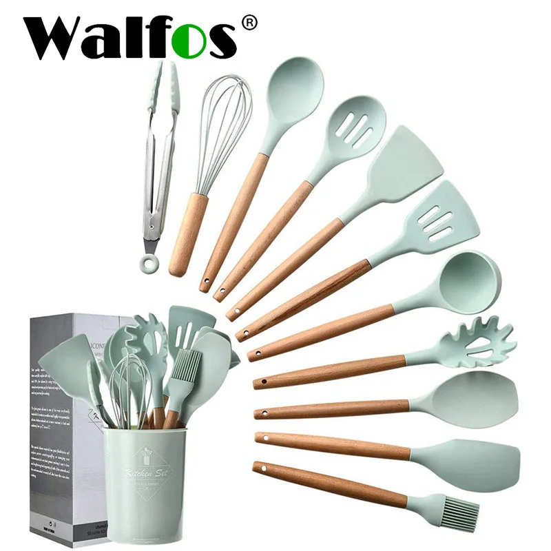 

Walfos Silicone Cooking Utensils Set Non-Stick Spatula Shovel Egg Beater Food Tong Slotted Spoon Wooden Handle Kitchen Gadgets