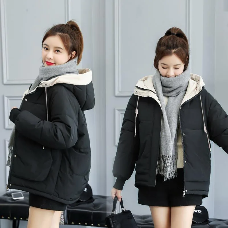 New Winter Down Cotton Jacket Womens Short Hooded Overcoat Female Padded Coat Loose Parkas Thick Warm Bread service Outerwear