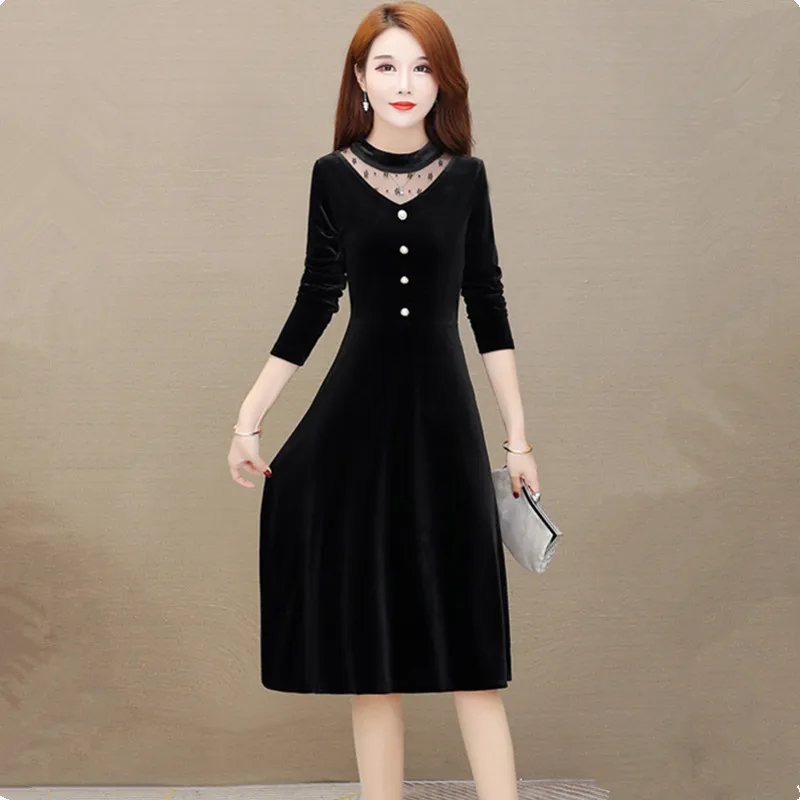 UHYTGF Genuine Gold Velvet Dress Woman Single-Breasted Pullover Spring Autumn Dress Female Elegant Long Dresses Ladies 5XL 1536