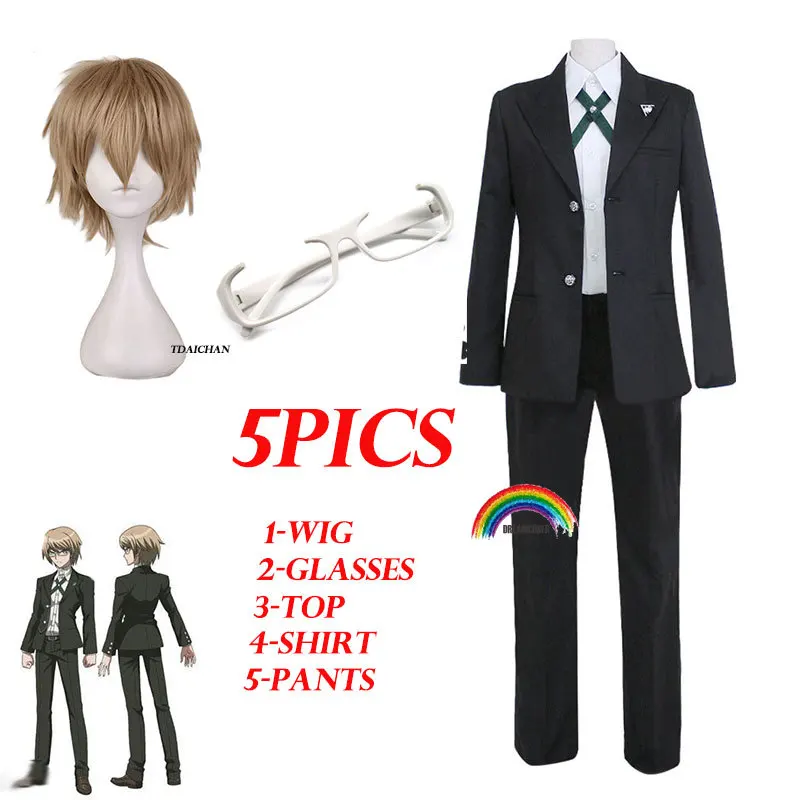 5PICS Danganronpa Togami Byakuya Cosplay Wigs Short Fluffy Layered Synthetic Hair Halloween Costume Party Wigs Wig Cap Glass