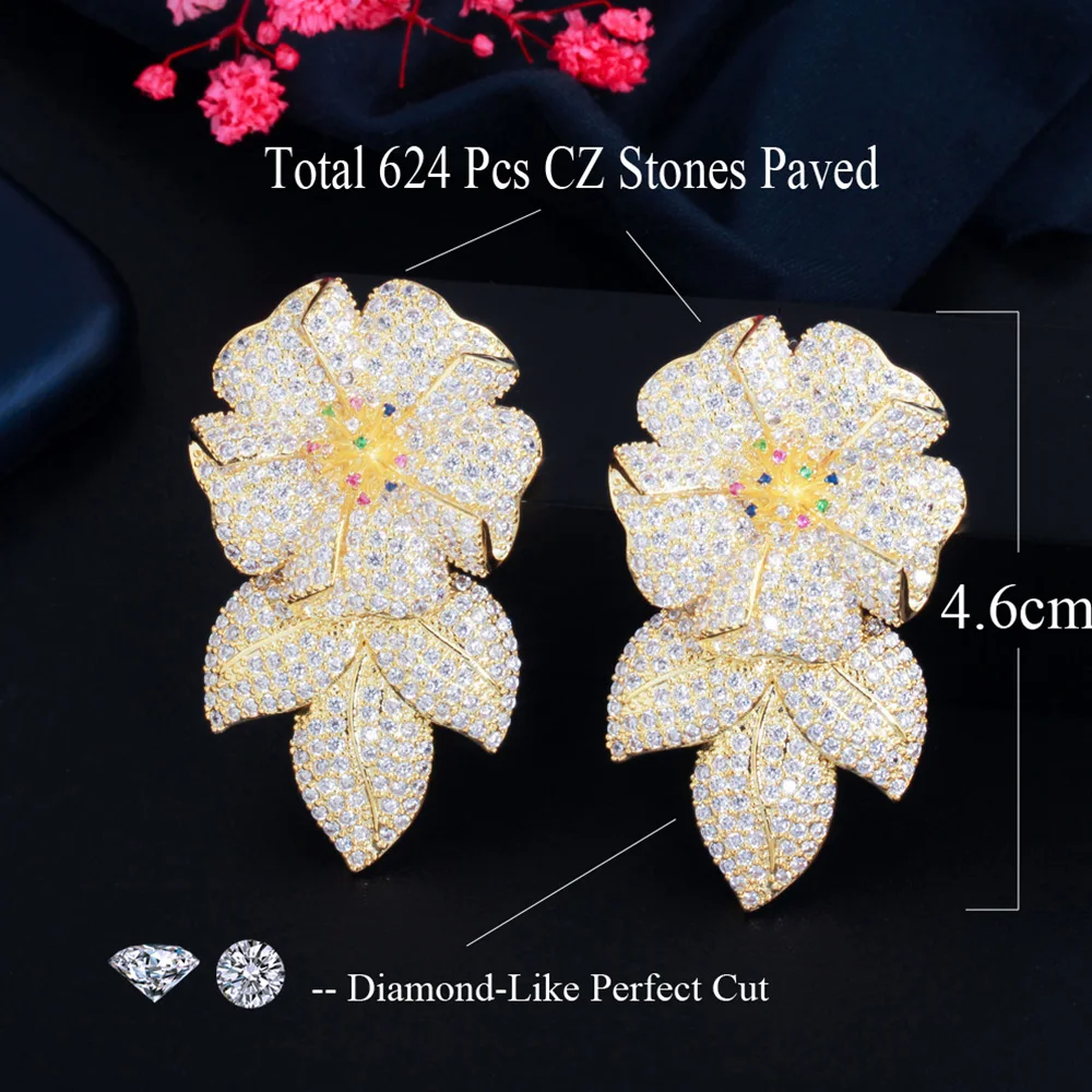 Pera Luxury Dubai Gold Color Large Flower Leaf Drop CZ Zircon Women Banquet Party Long Dangle Earring Statement Ear Jewelry E767