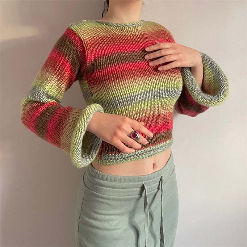 Women's Autumn Casual Rainbow Crop Tops Long Sleeve Slim Fit Crimping Sweater Streetwear Knitted Pullovers