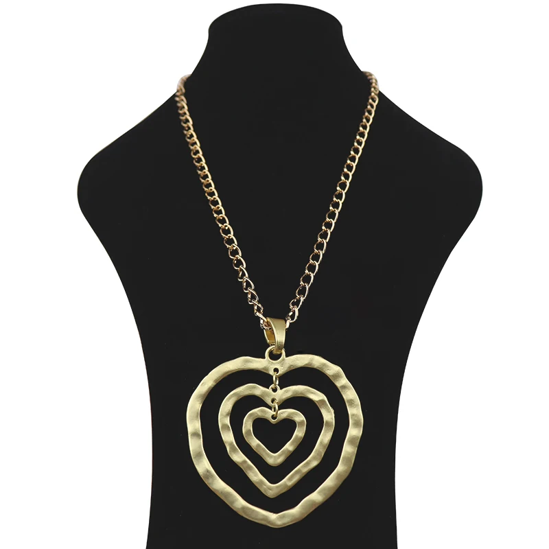 1 x Gold Color Fashion Metal Large Abstract Hollow Open Love Heart Pendants Necklace Jewellery on Long Link Chain Lagenlook 34‘’